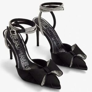Express Black Heels with Bow and Rhinestone Straps